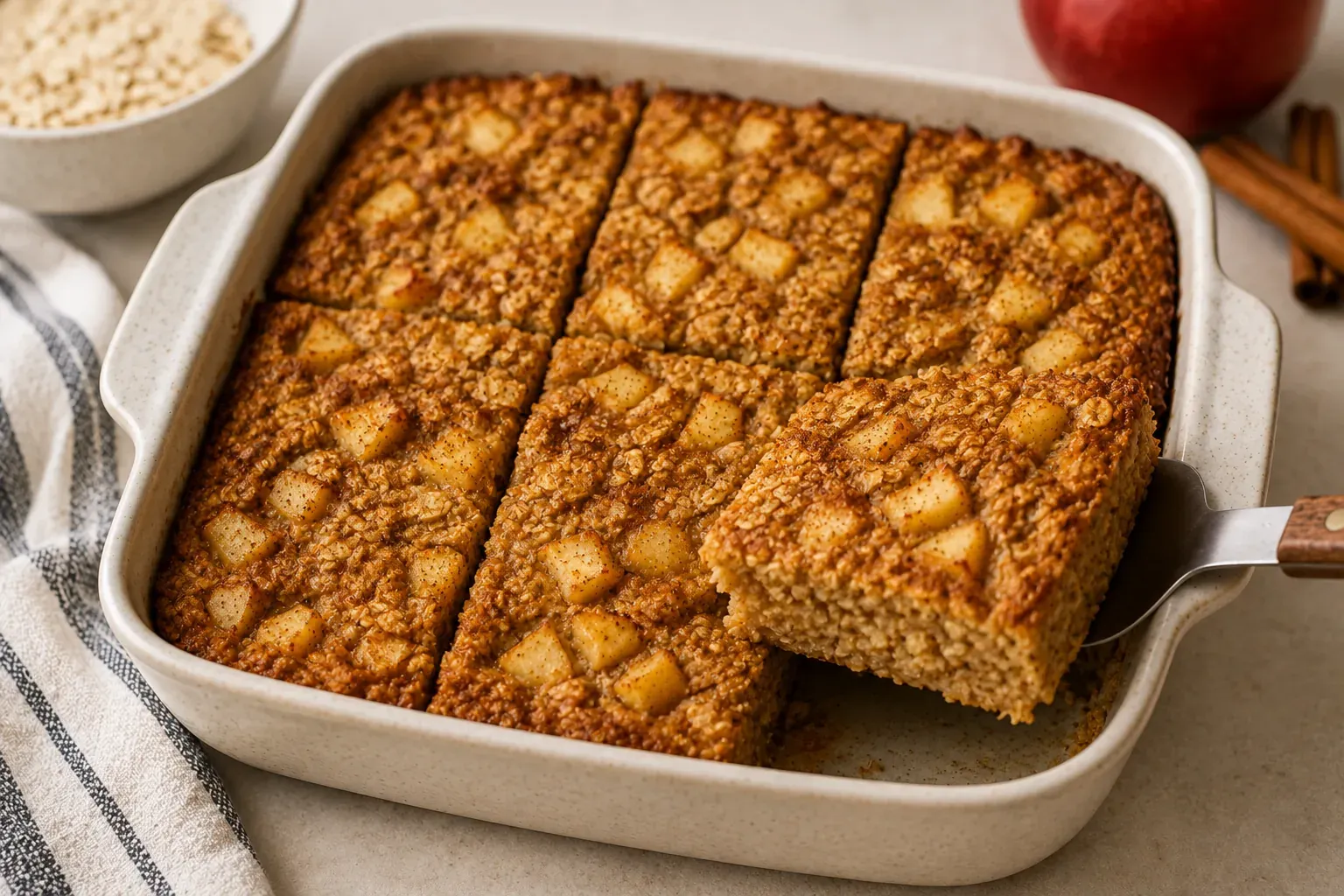 A dish of apple cinnamon baked oatmeal cut into squares with one portion lifted out