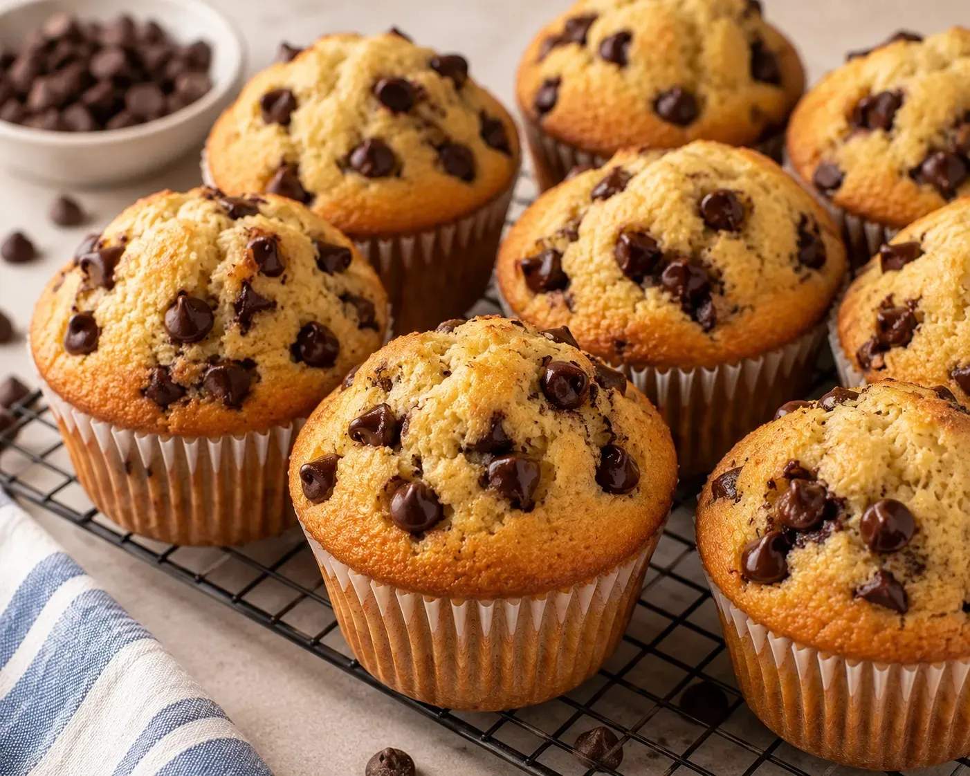 Tall bakery-style chocolate chip muffins on a cooling rack