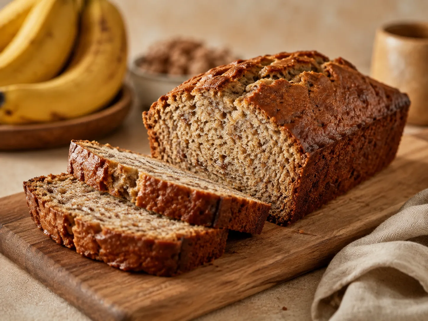 A sliced loaf of homemade banana bread on a wooden board with ripe bananas behind it