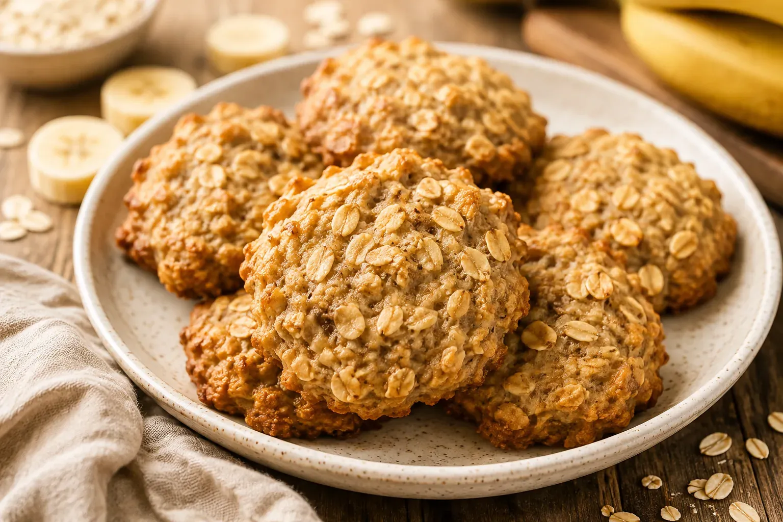 Soft banana oat breakfast cookies with chocolate chips on a plate, with bananas and oats nearby