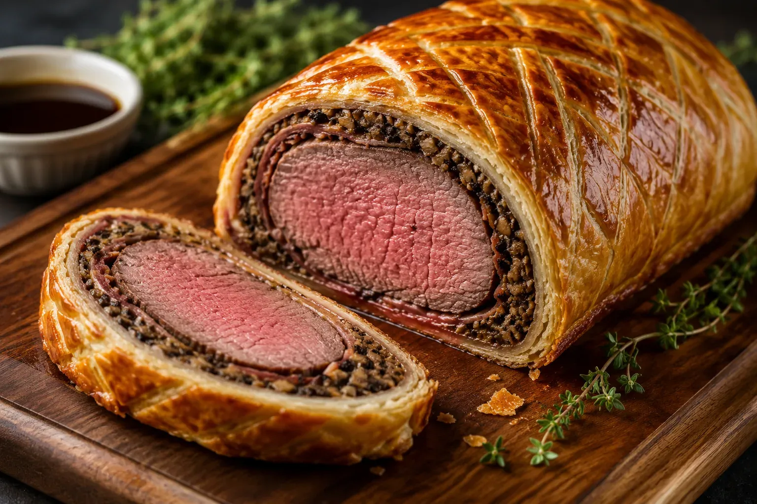A sliced Beef Wellington with pink beef tenderloin mushroom filling and golden puff pastry on a serving board