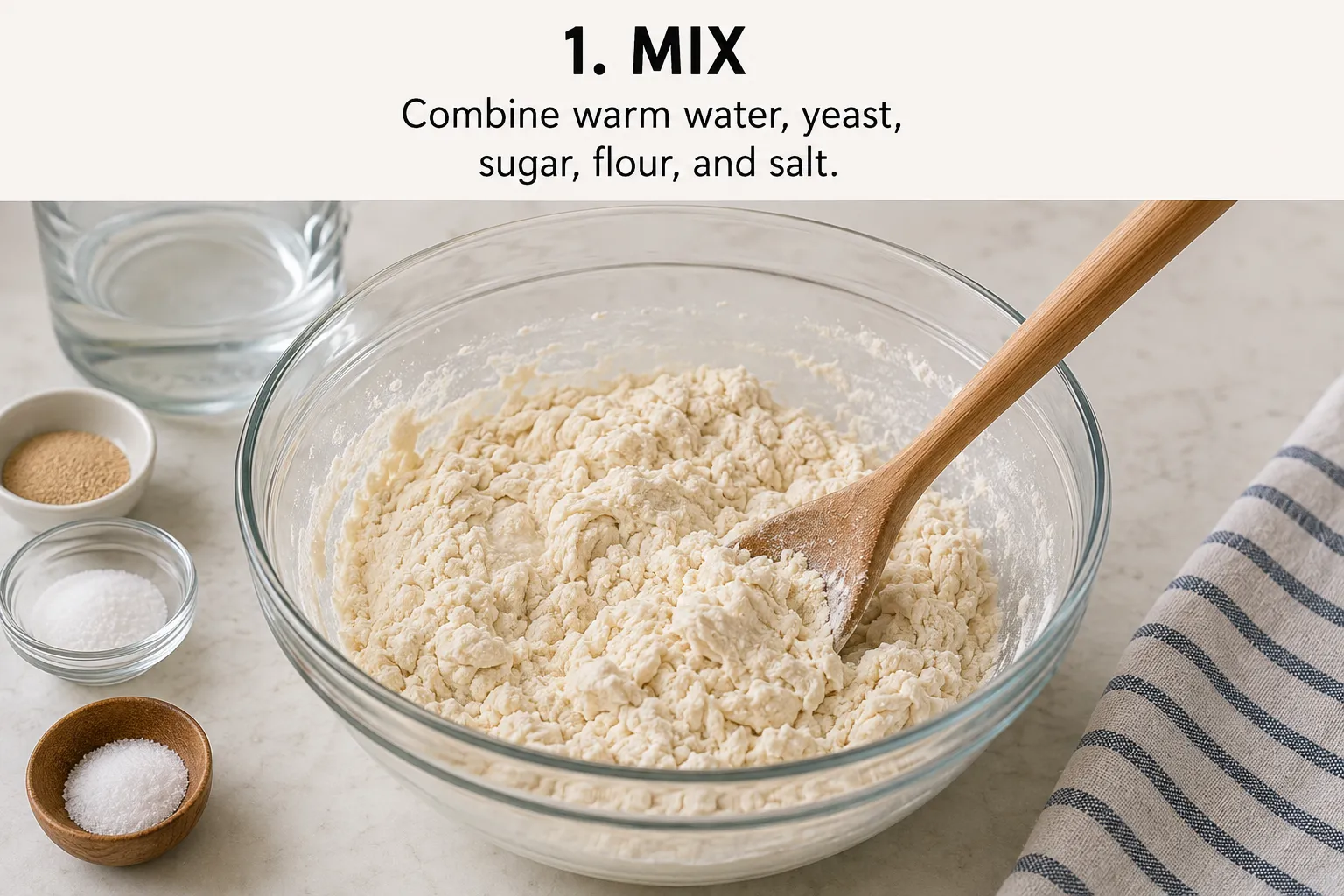 Shaggy bread dough being stirred in a glass bowl with a wooden spoon, with small bowls of yeast and salt alongside