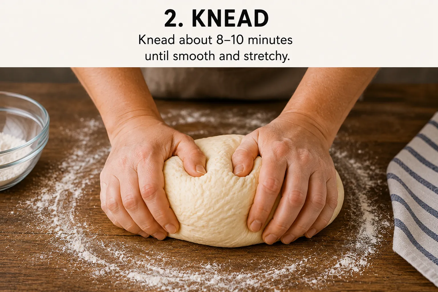 Two hands kneading a round of pale dough on a floured wooden worktop