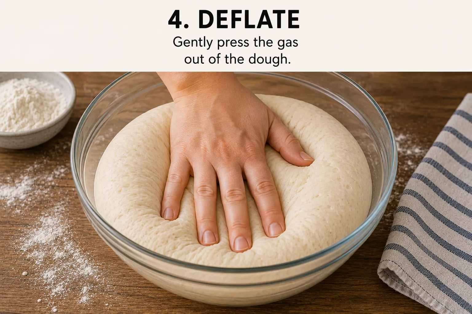A hand pressing down into risen dough in a glass bowl