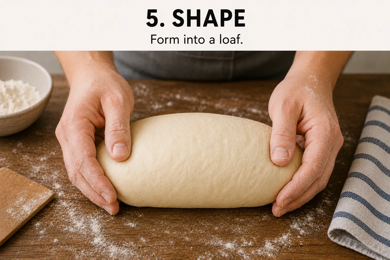 Hands forming dough into an oval loaf on a floured wooden worktop