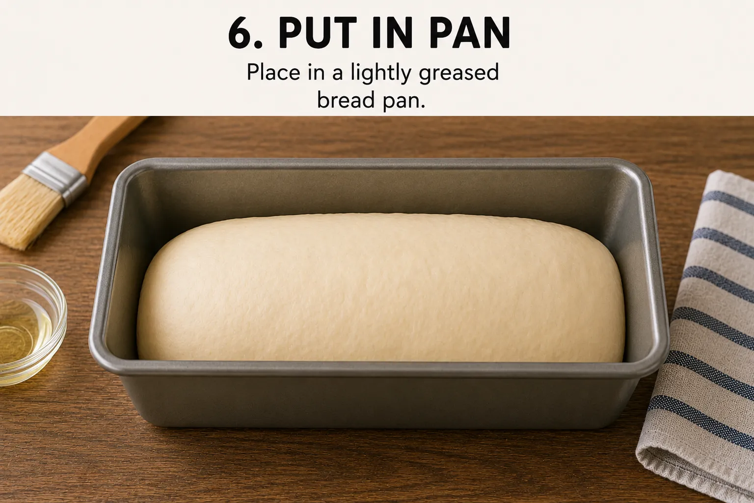 A shaped loaf sitting in a greased metal bread pan, with a pastry brush and dish of oil nearby