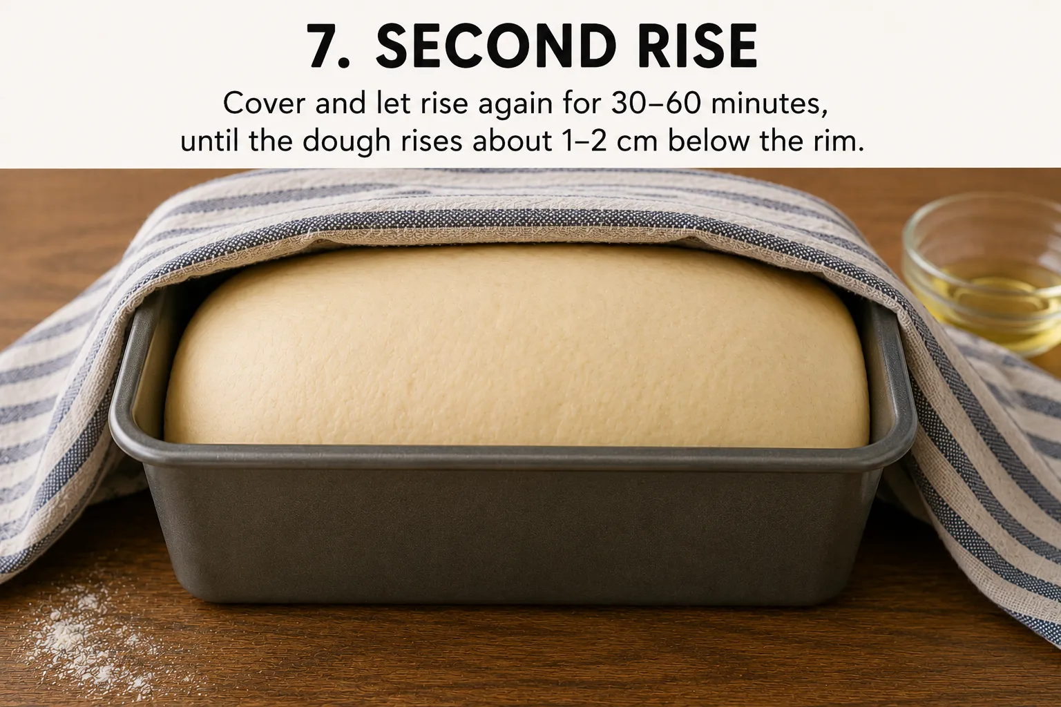 Dough risen just below the rim of a bread pan under a striped tea towel