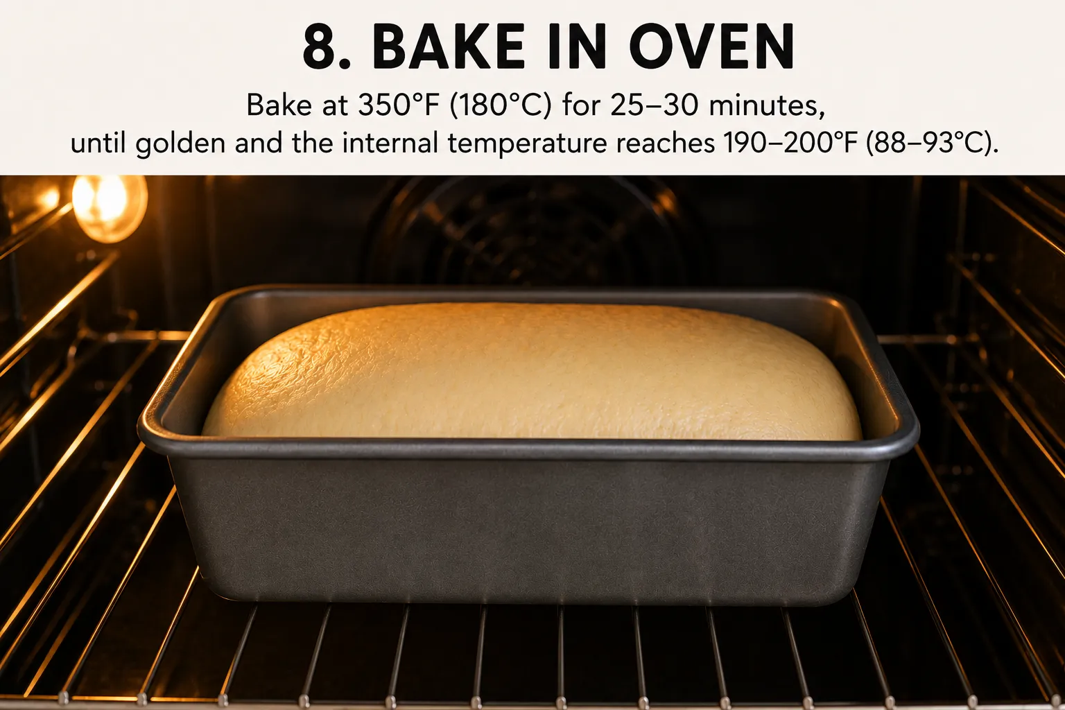 A pale loaf in a bread pan on an oven rack, beginning to colour