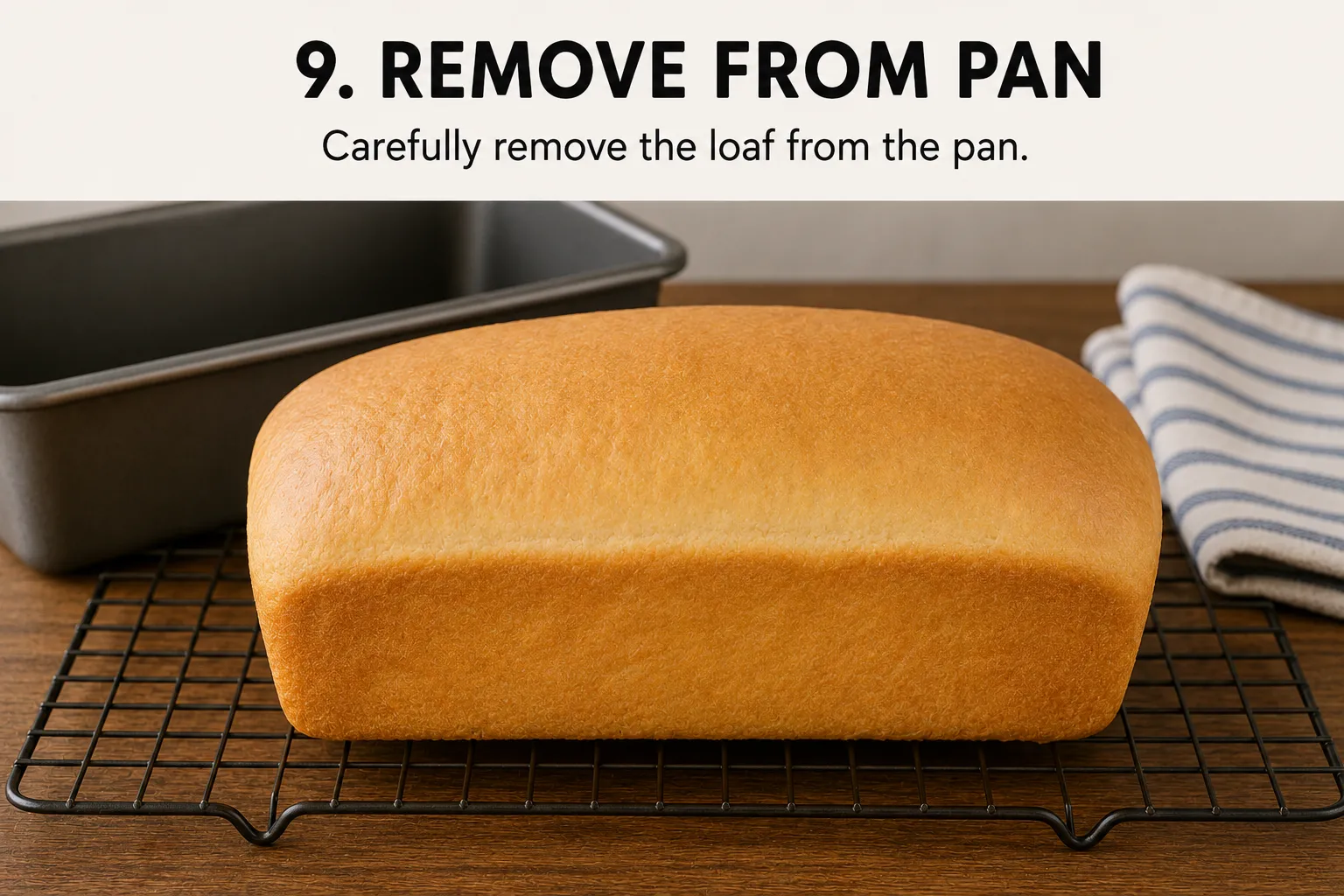 A golden baked loaf turned out onto a wire cooling rack beside its pan