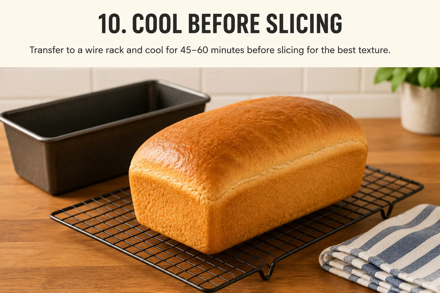 A cooled loaf on a wire rack with two slices cut, beside a bread knife and butter