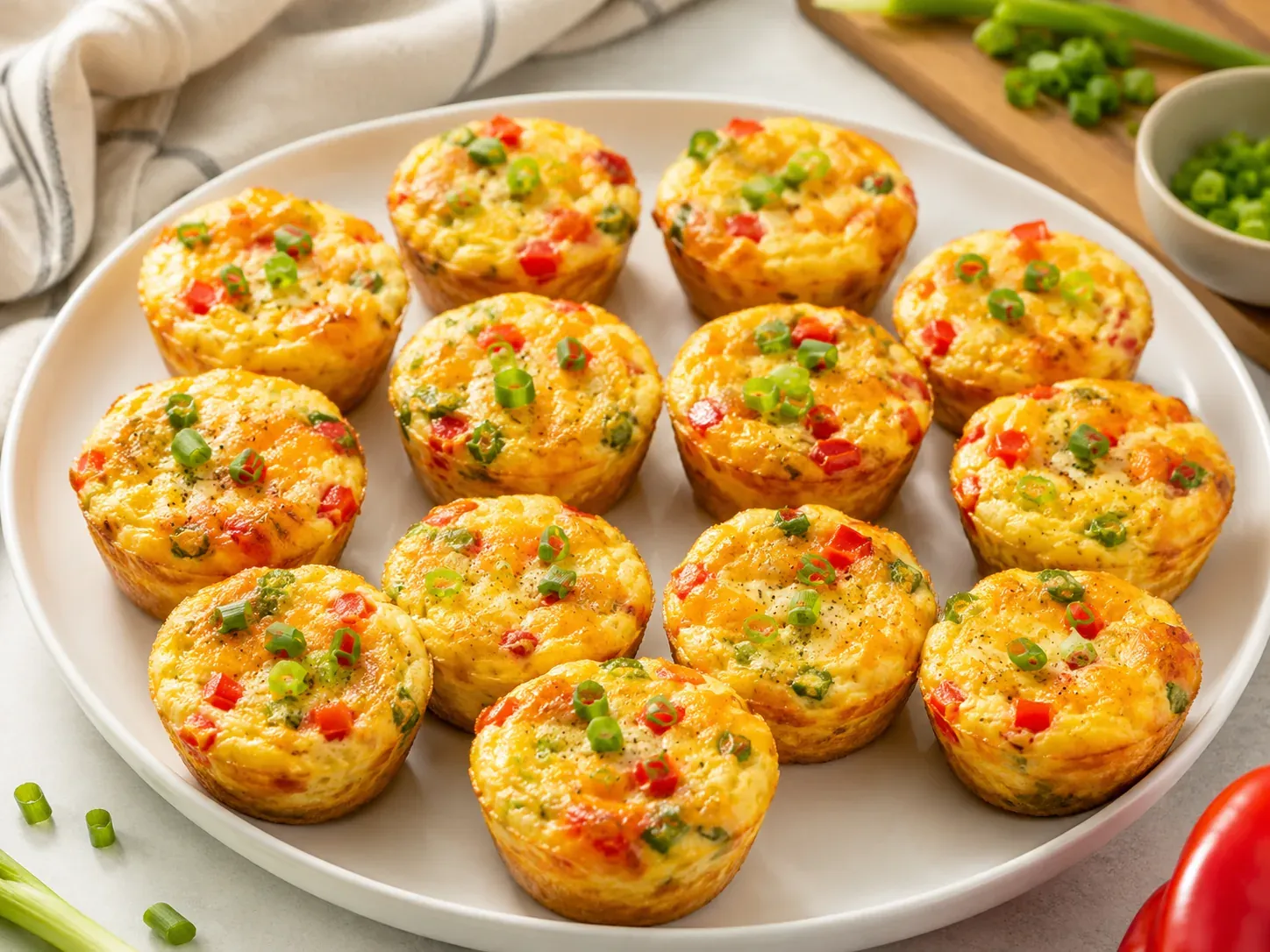 A plate of baked egg muffins with red pepper, cheddar and sliced green onion