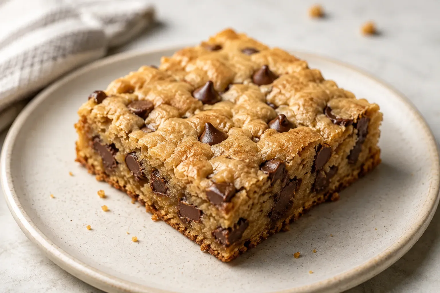 A thick golden blondie square studded with chocolate chips on a cream ceramic plate