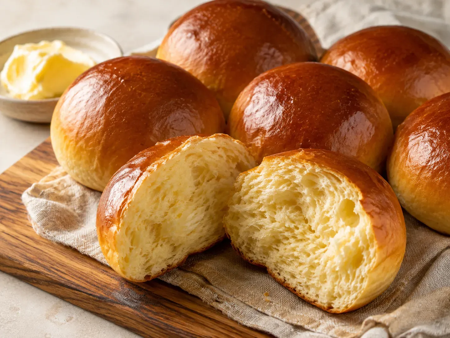 Glossy brioche buns on a wooden board, two split open to show a rich yellow crumb