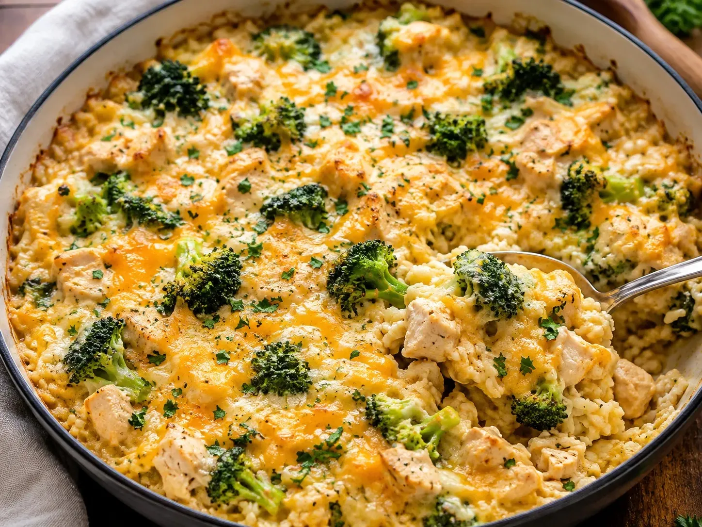 A cheesy broccoli and rice casserole in a baking dish with a serving spoon