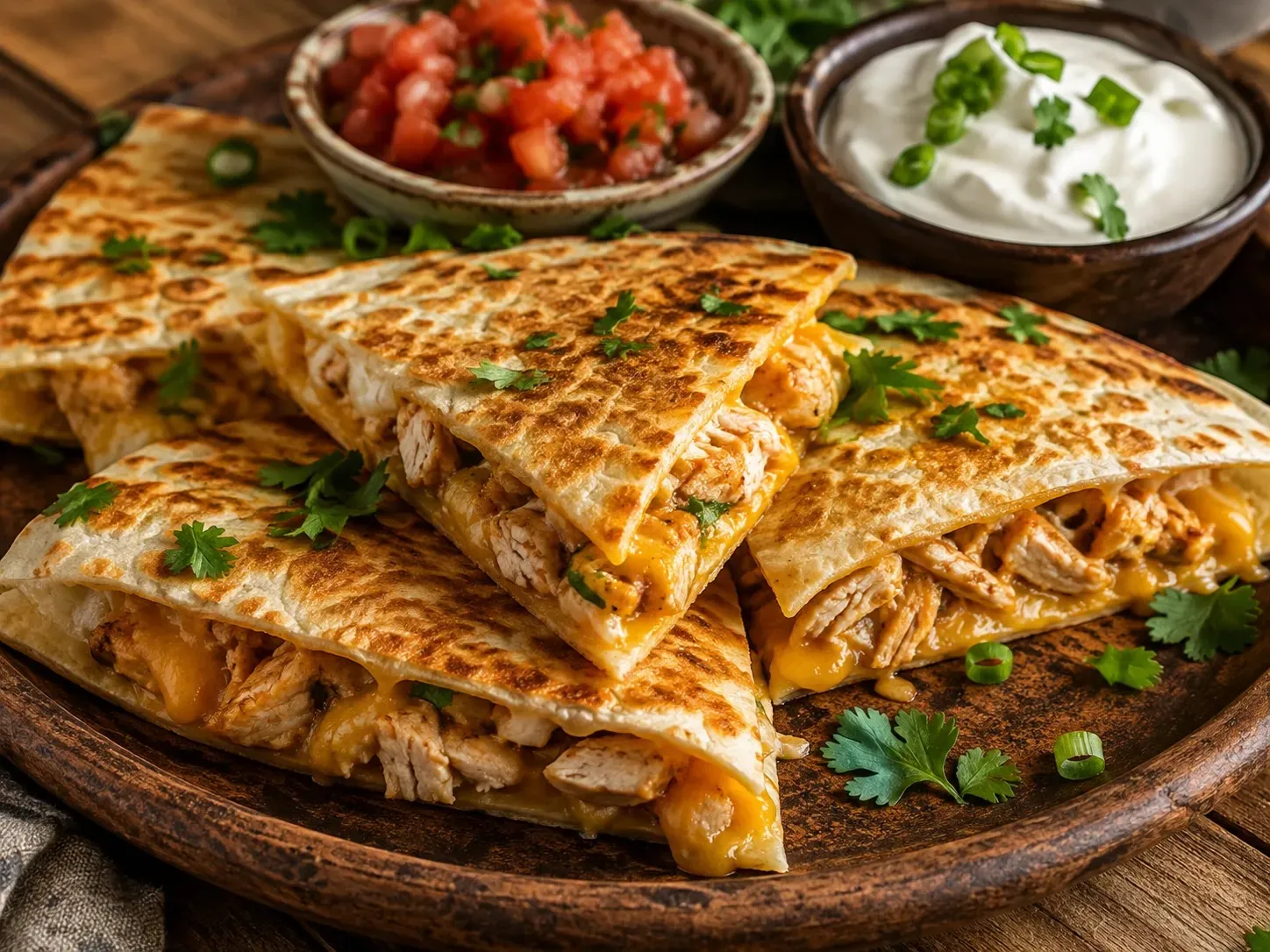 Golden chicken quesadillas cut into wedges with salsa and sour cream