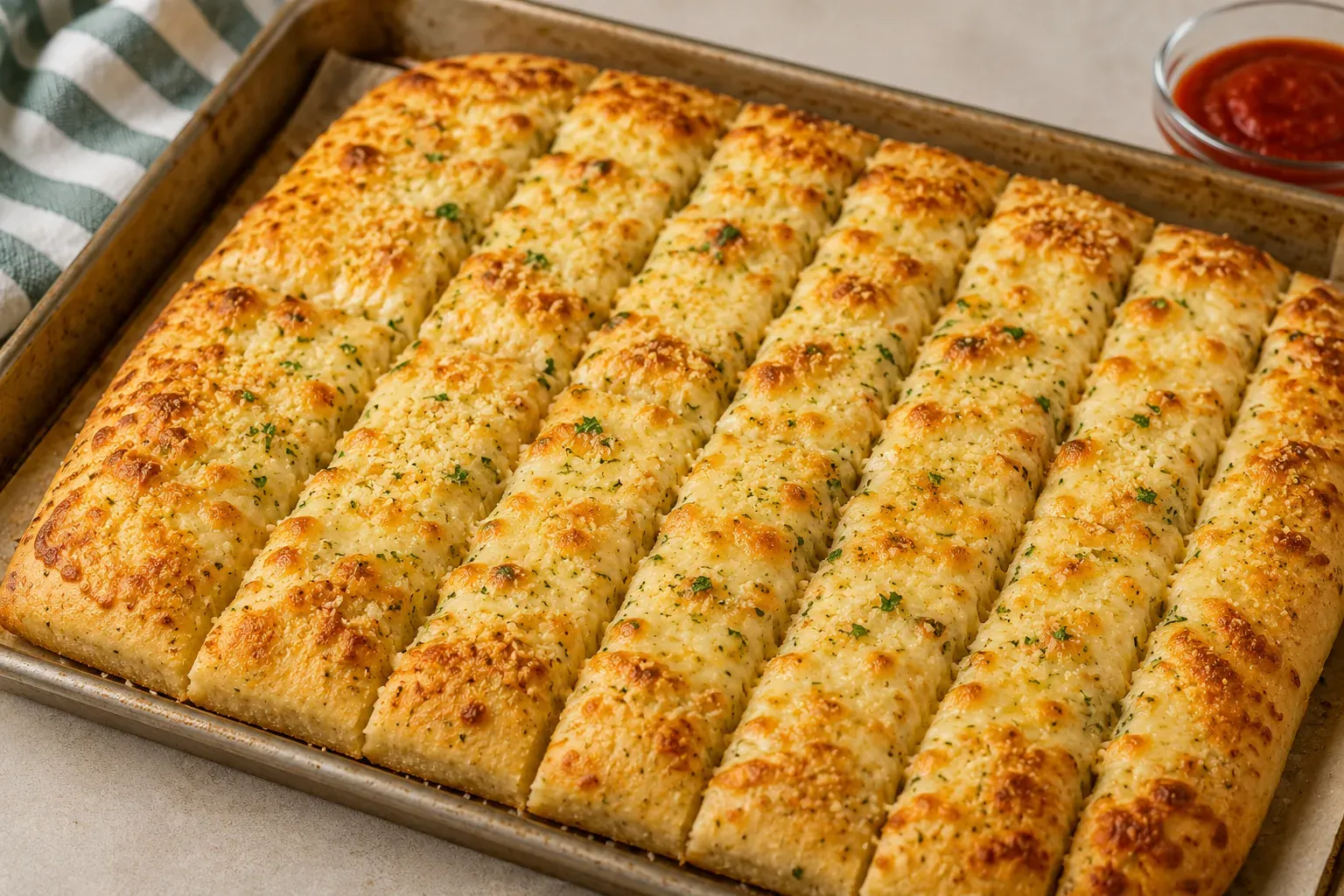 A tray of golden cheesy garlic breadsticks cut into strips, with marinara alongside