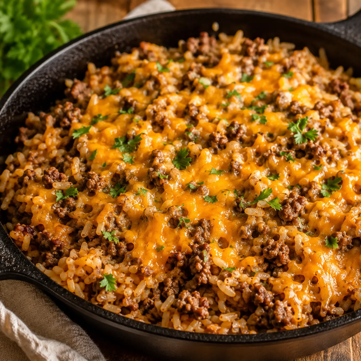 A skillet of ground beef and rice topped with melted cheddar and fresh parsley