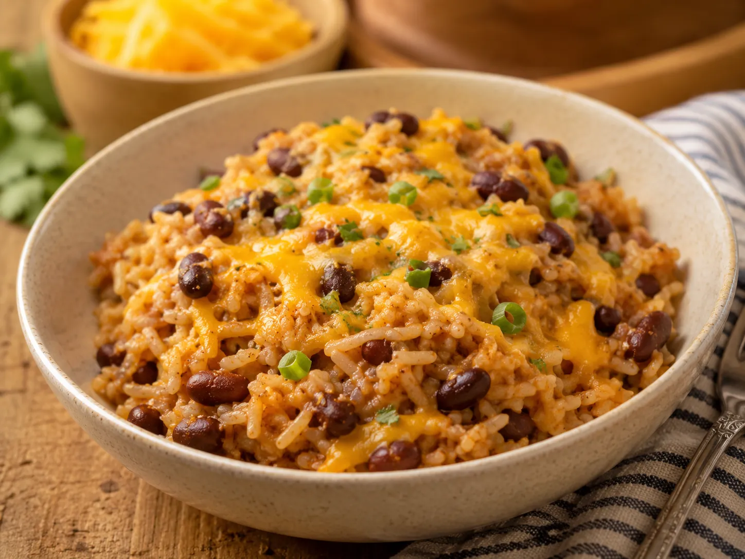 A bowl of cheesy rice and black beans topped with melted cheddar and sliced green onion