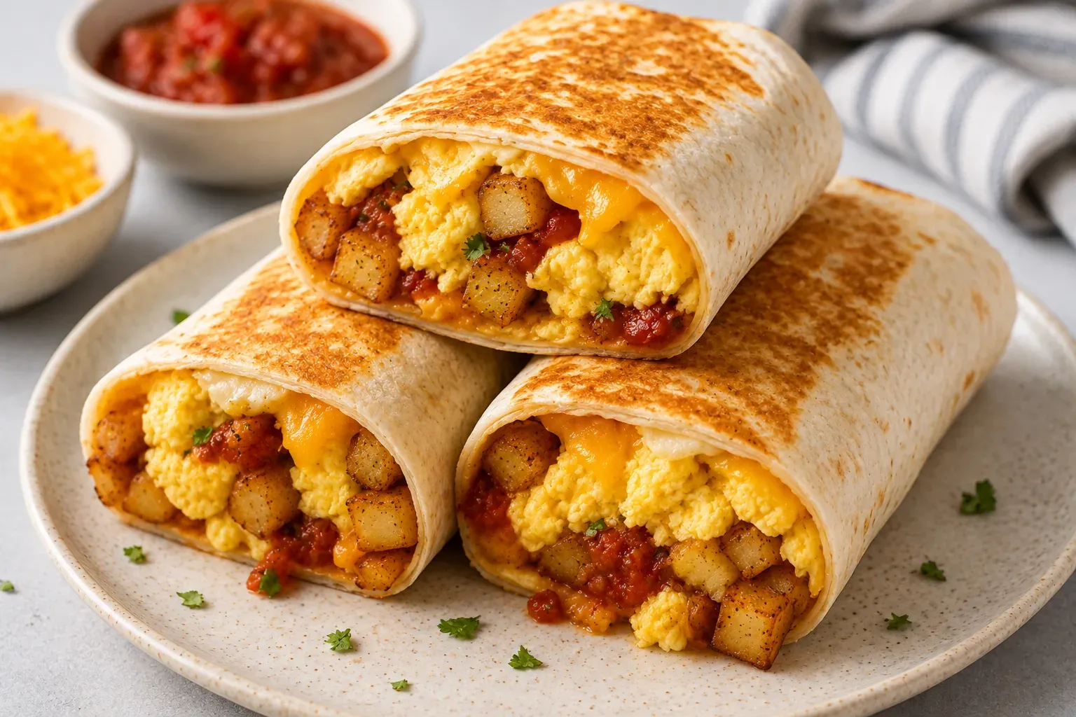Breakfast burritos cut open to show scrambled egg, potato, melted cheddar and salsa