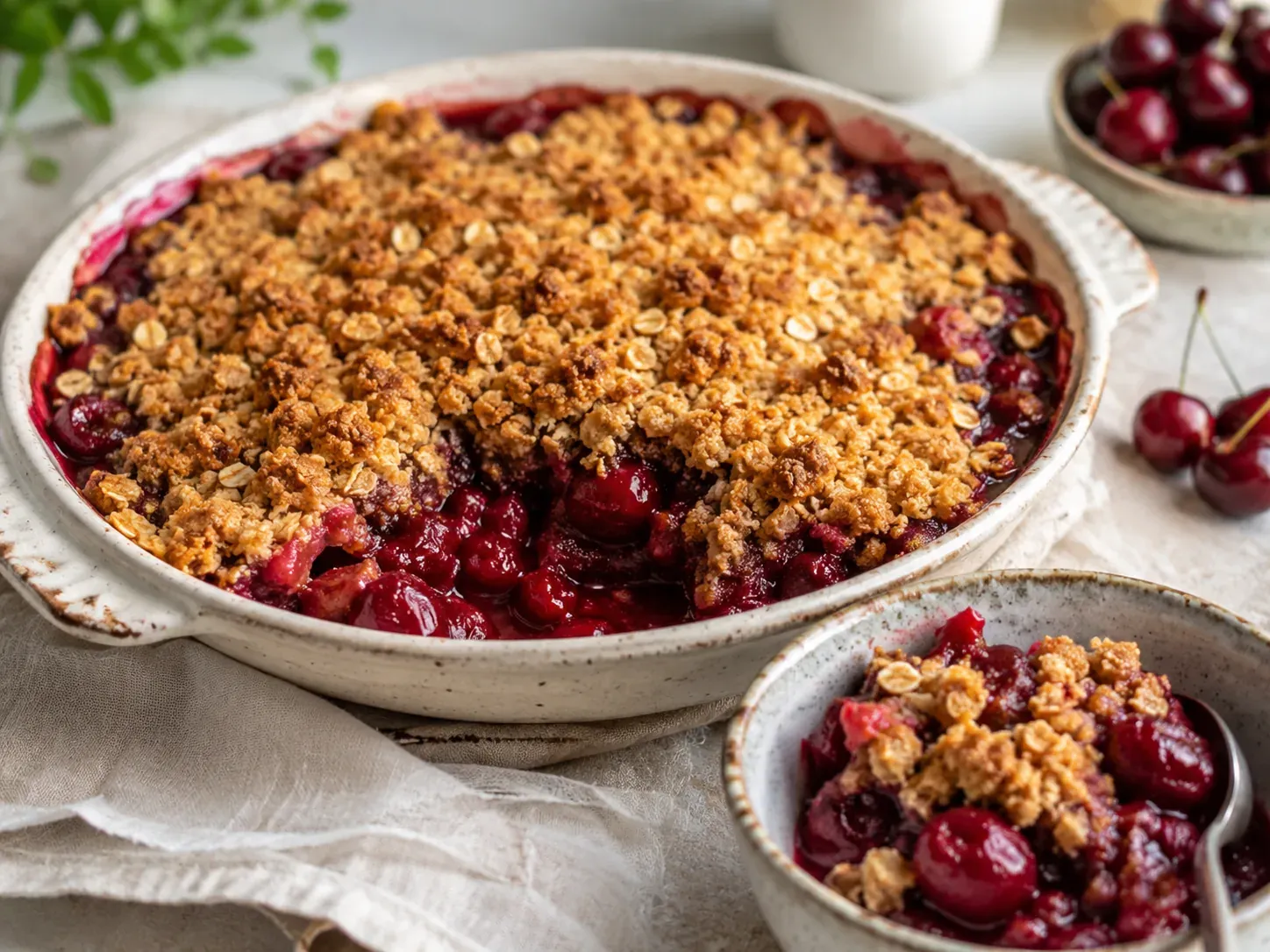 A baking dish of cherry crisp with golden oat topping over bubbling red cherry filling, with a served bowl alongside