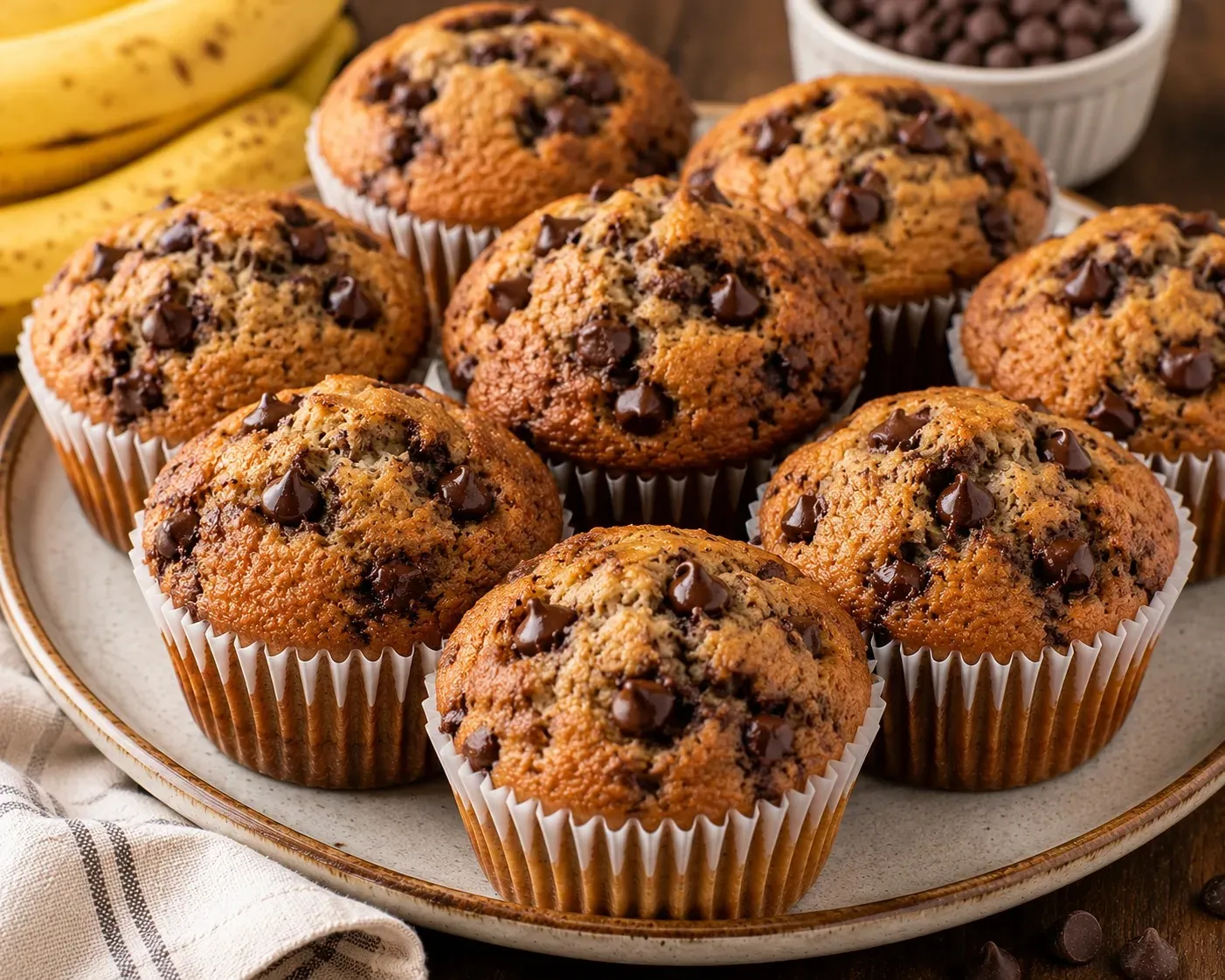 Chocolate banana muffins on a plate with ripe bananas behind