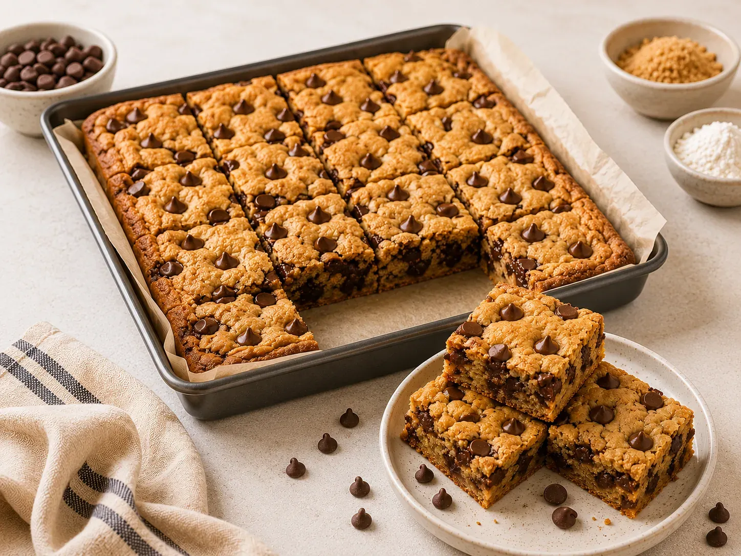A parchment-lined pan of chocolate chip cookie bars cut into squares, with three stacked on a plate alongside