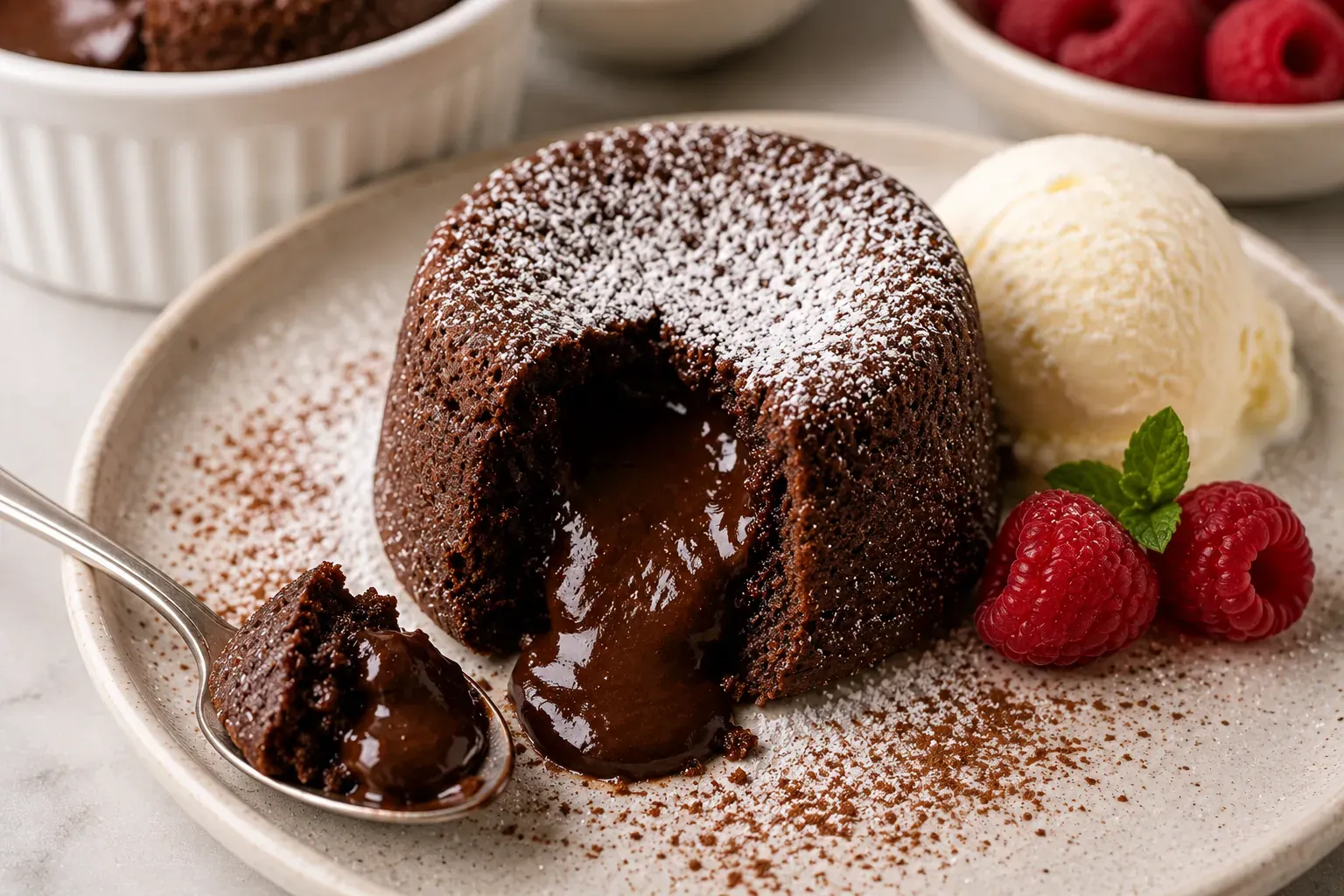 A chocolate lava cake dusted with icing sugar cut open with molten centre flowing out, served with ice cream and raspberries
