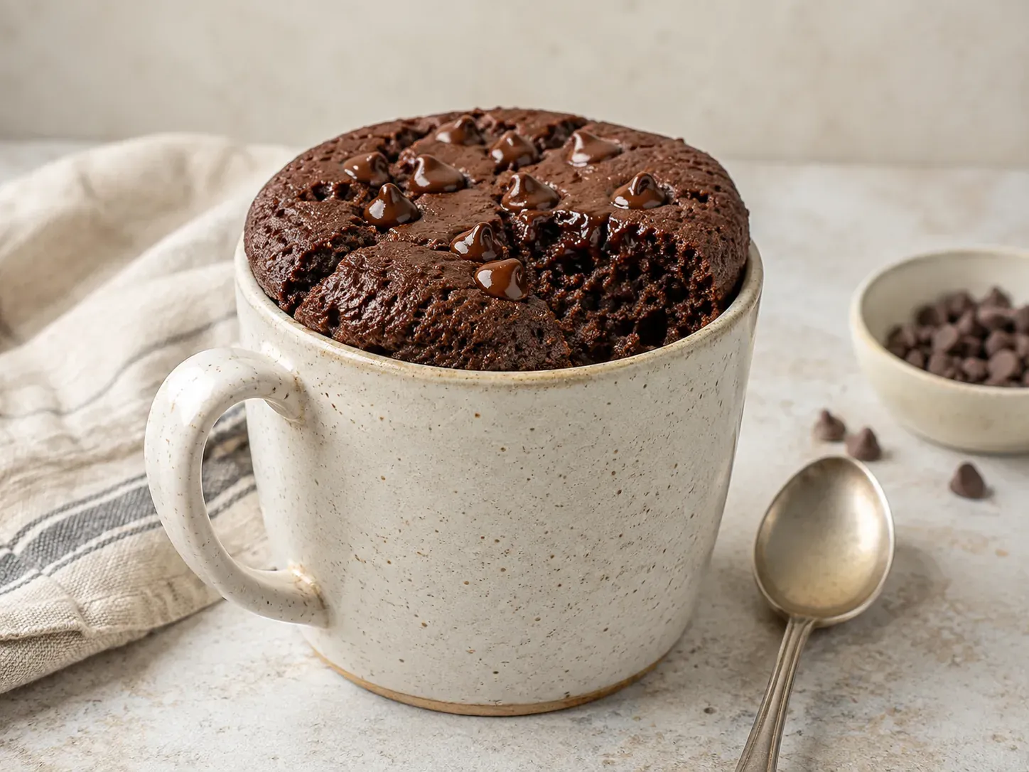 A chocolate mug cake risen above the rim of a speckled cream mug, topped with melted chocolate chips