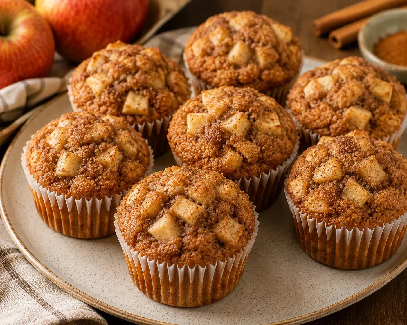Cinnamon apple muffins on a plate with apples and cinnamon sticks