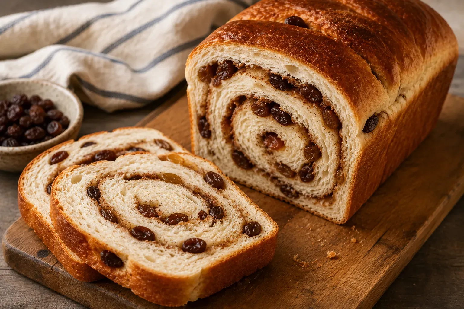 A sliced cinnamon raisin loaf showing the swirl, on a wooden board with a bowl of raisins