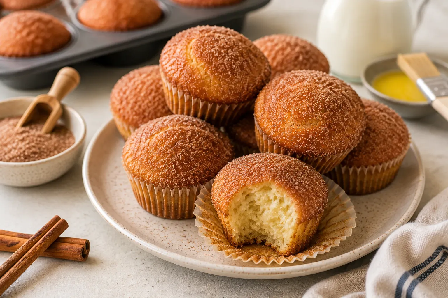 Cinnamon sugar coated muffins on a plate, one broken open to show the soft crumb, with cinnamon sticks alongside