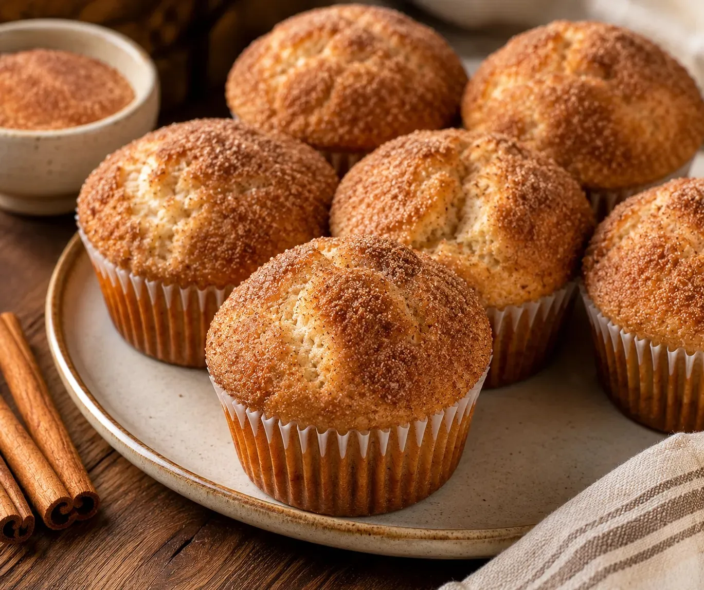 Cinnamon sugar muffins on a plate with cinnamon sticks alongside