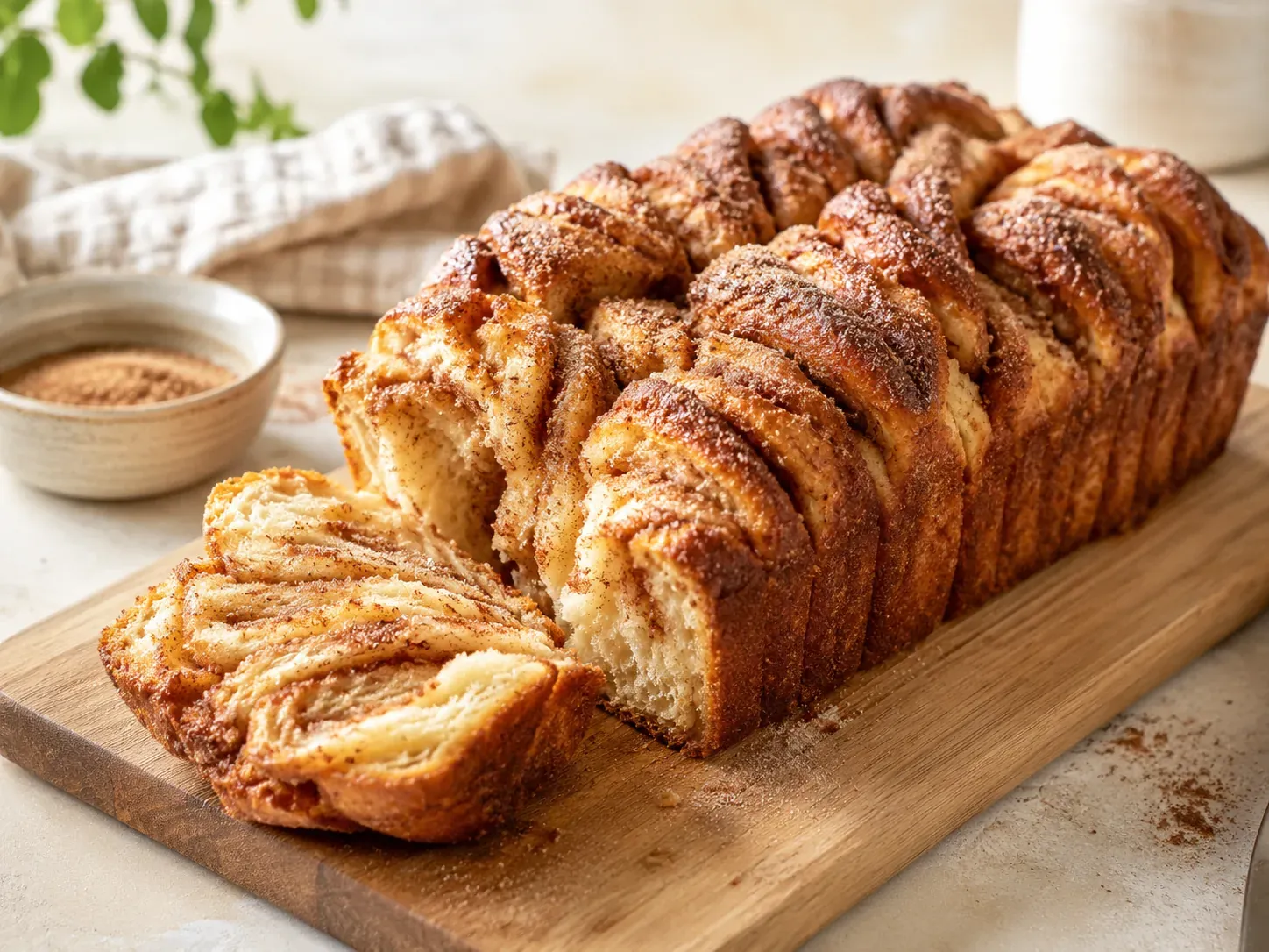 A cinnamon sugar pull-apart loaf on a wooden board with the layers fanning apart, and a bowl of cinnamon sugar beside it