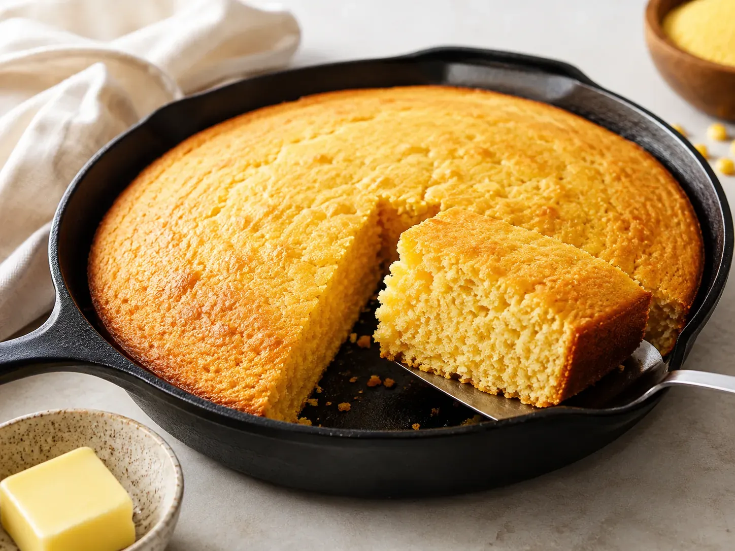 A cast-iron skillet of golden cornbread with one wedge lifted out, and a dish of butter alongside