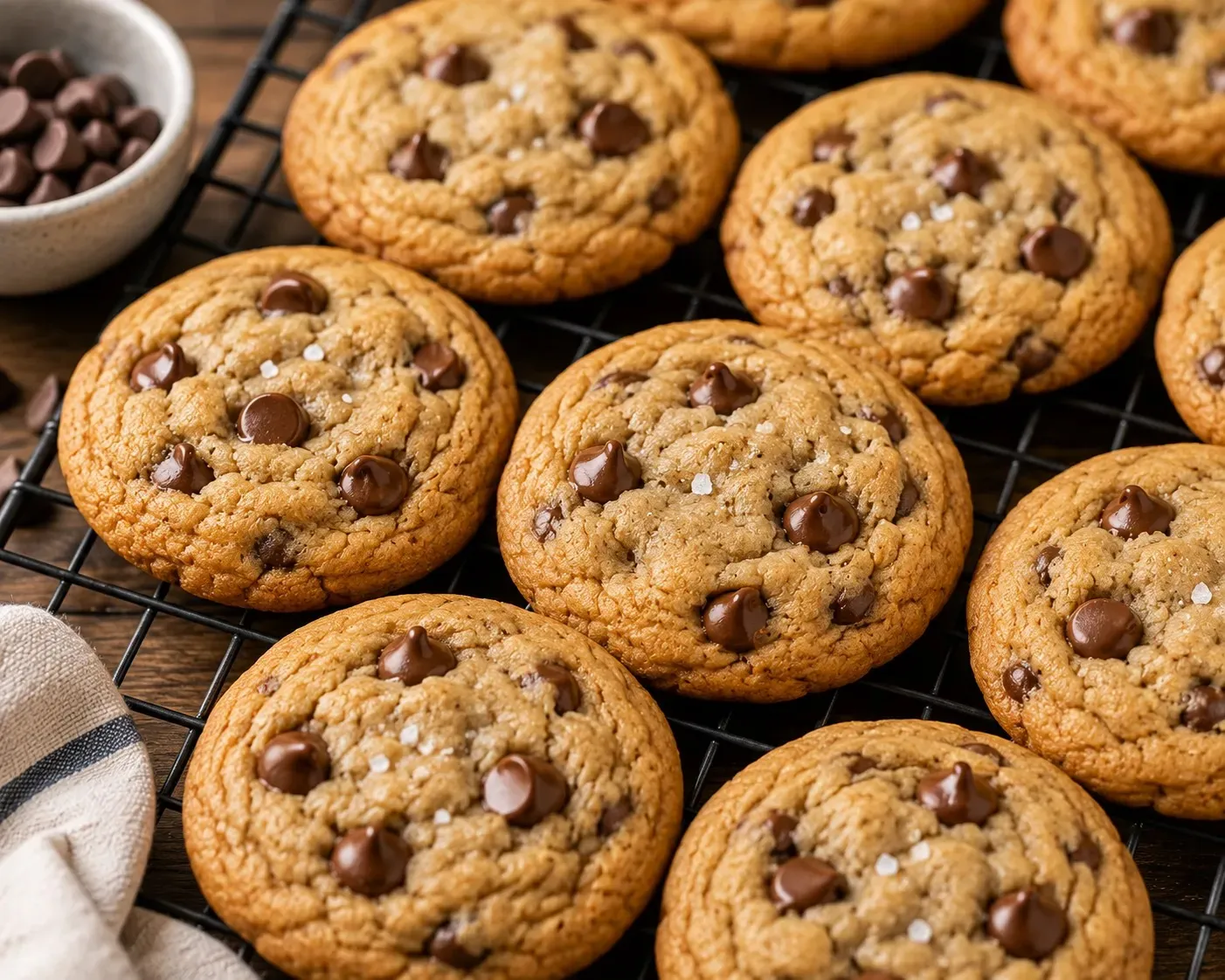 Classic chocolate chip cookies cooling on a wire rack