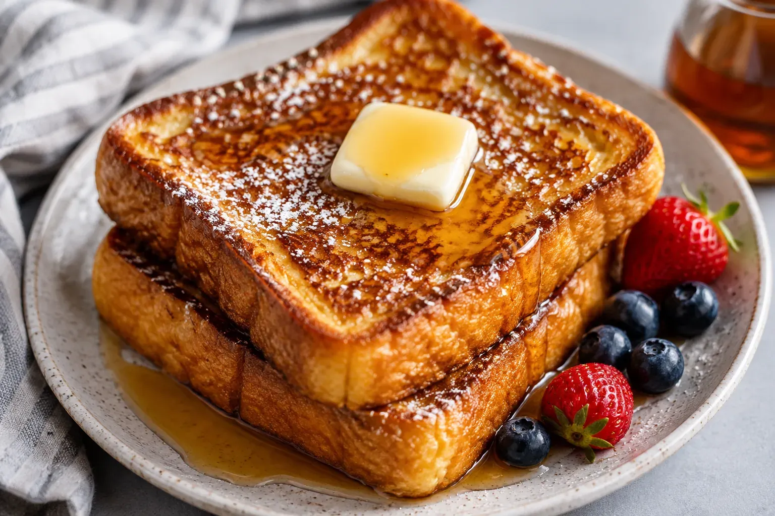 Two thick slices of golden French toast with butter, icing sugar and berries