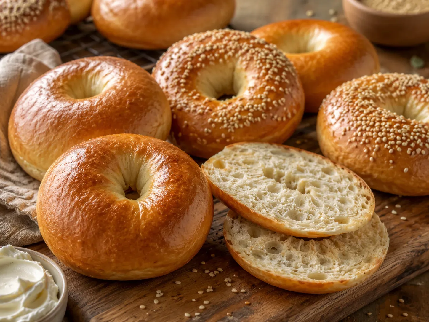 Golden homemade bagels on a wooden board, one sliced to show a dense chewy crumb