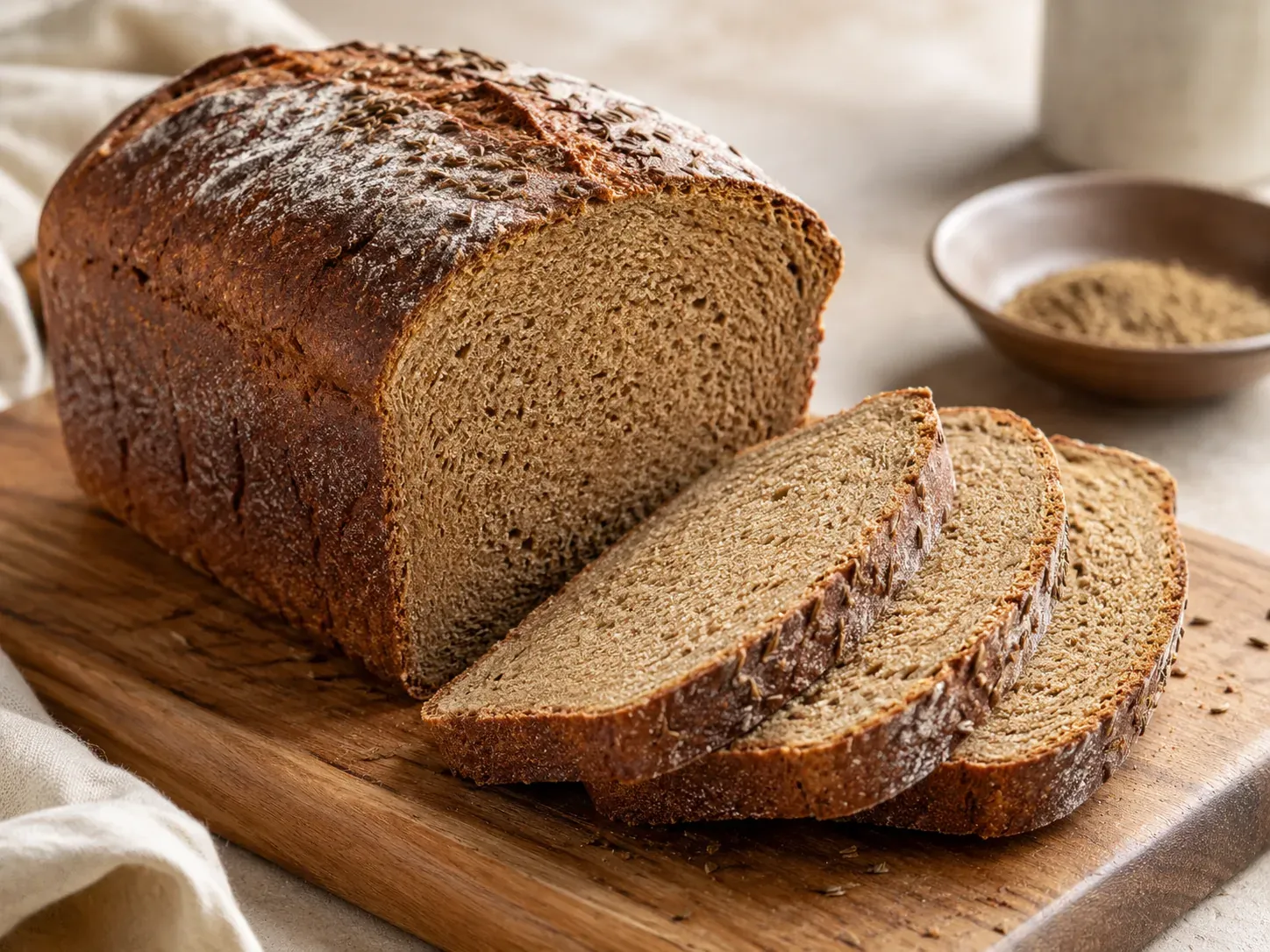 A dark rye loaf topped with caraway seeds and a dusting of flour, with two slices cut on a wooden board