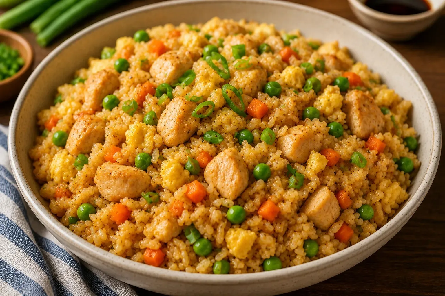 A baked creamy chicken and rice casserole with a golden cheesy top