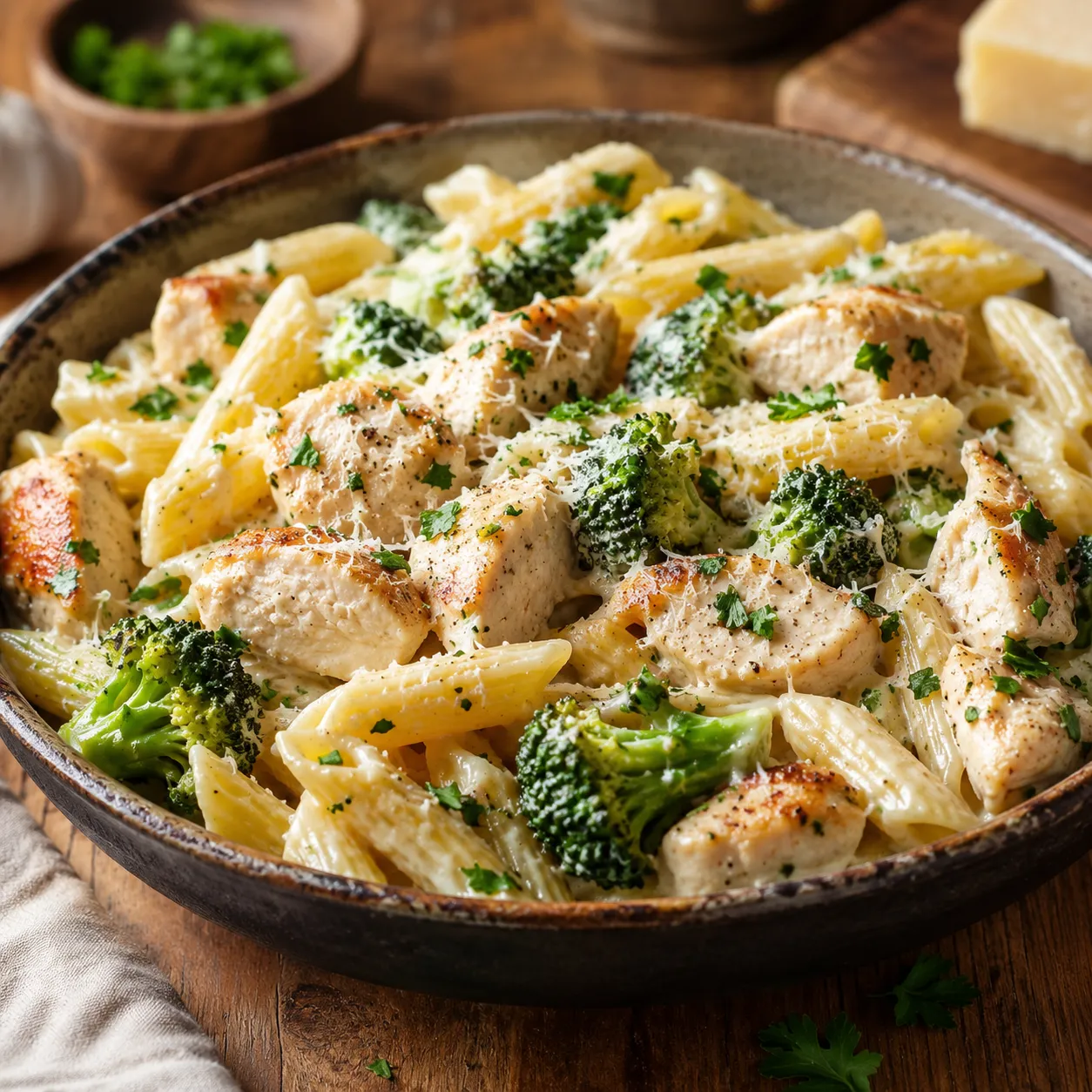 A bowl of penne pasta with chicken, broccoli florets and grated Parmesan