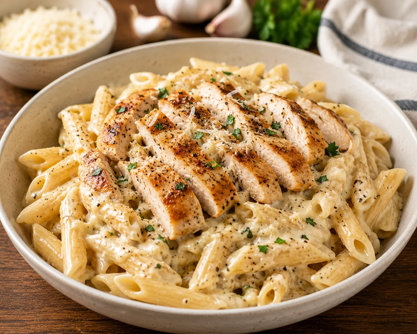 A bowl of penne in cream sauce topped with sliced seasoned chicken and grated Parmesan