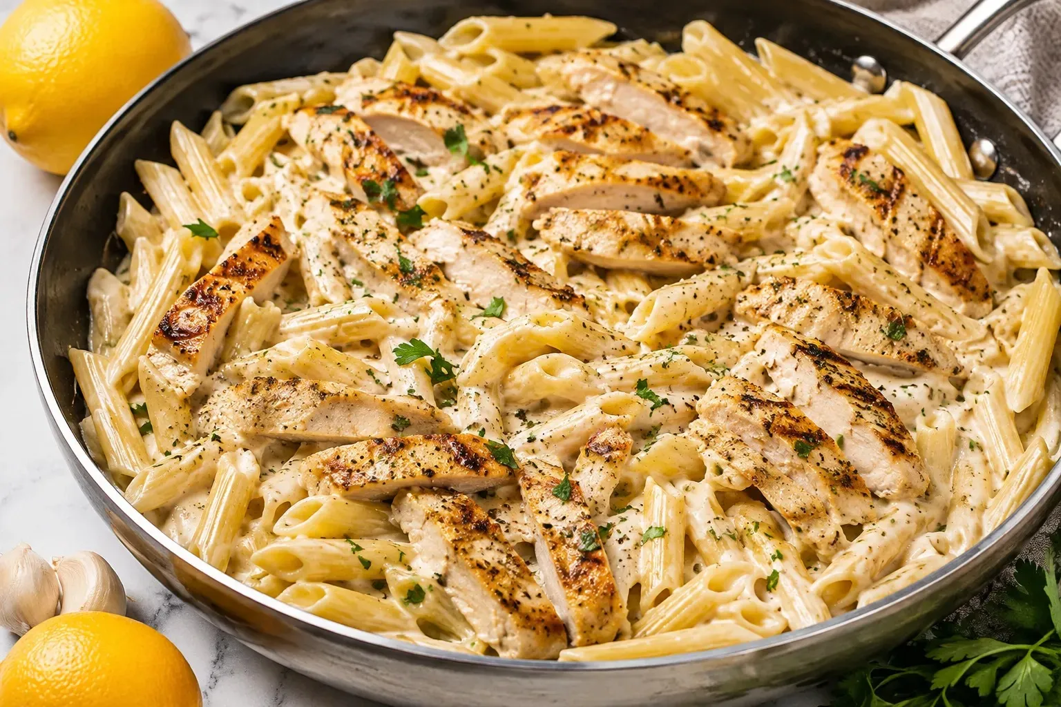 A bowl of creamy garlic Parmesan pasta with black pepper and parsley