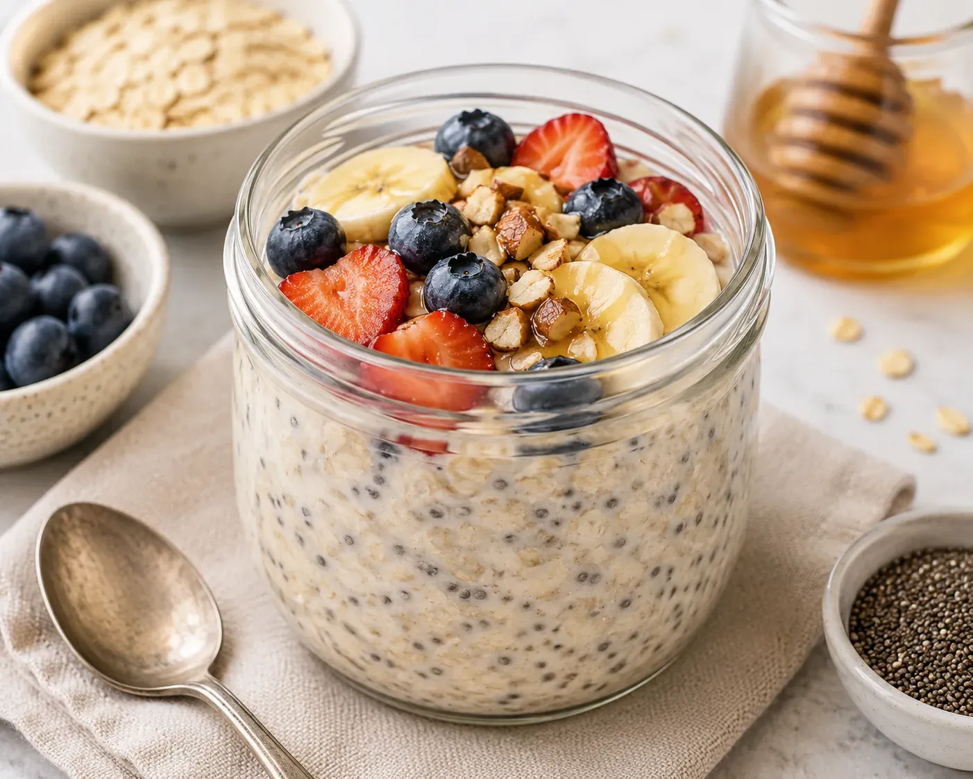 A jar of overnight oats topped with banana, strawberries, blueberries and chopped nuts