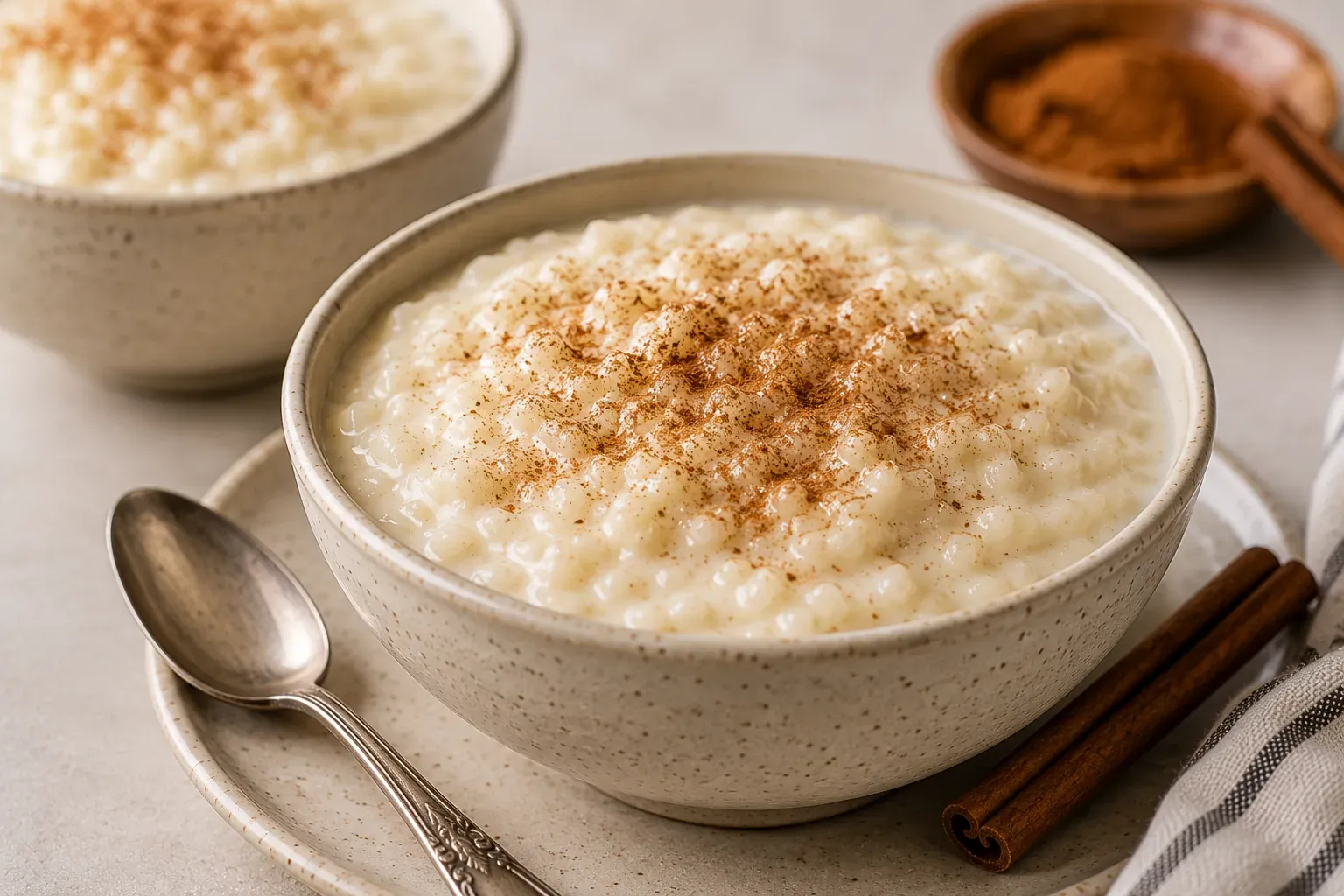 A speckled bowl of creamy rice pudding dusted with cinnamon, with a spoon and cinnamon sticks alongside