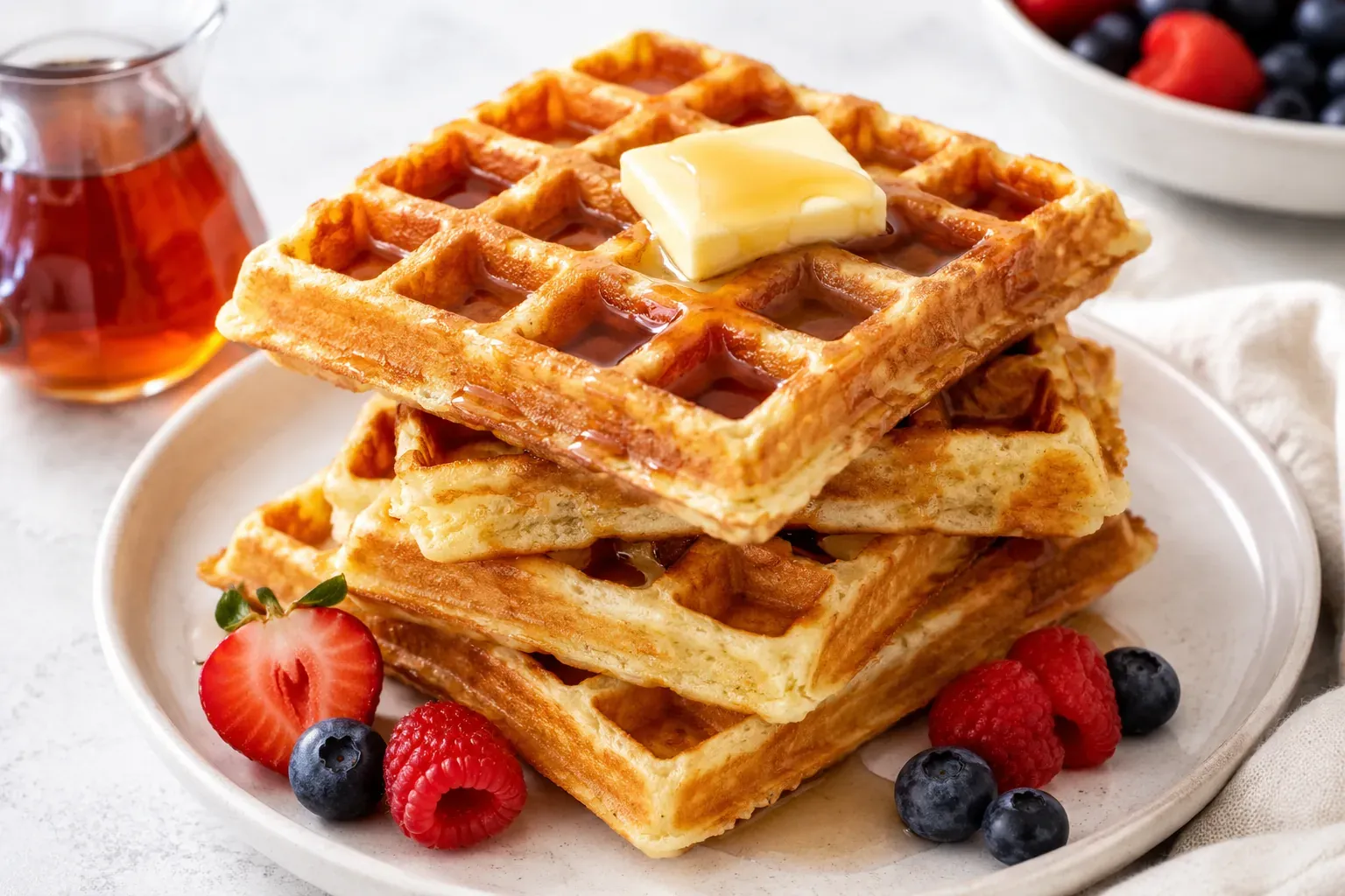 A stack of golden waffles on a plate with butter, syrup and fresh berries