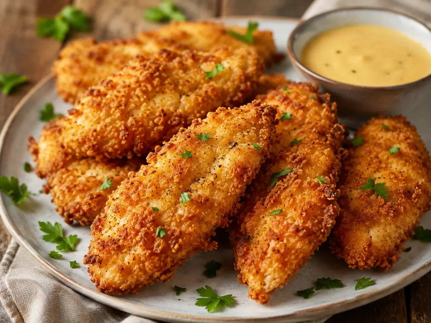 Crispy oven-baked chicken tenders on a plate with dipping sauce