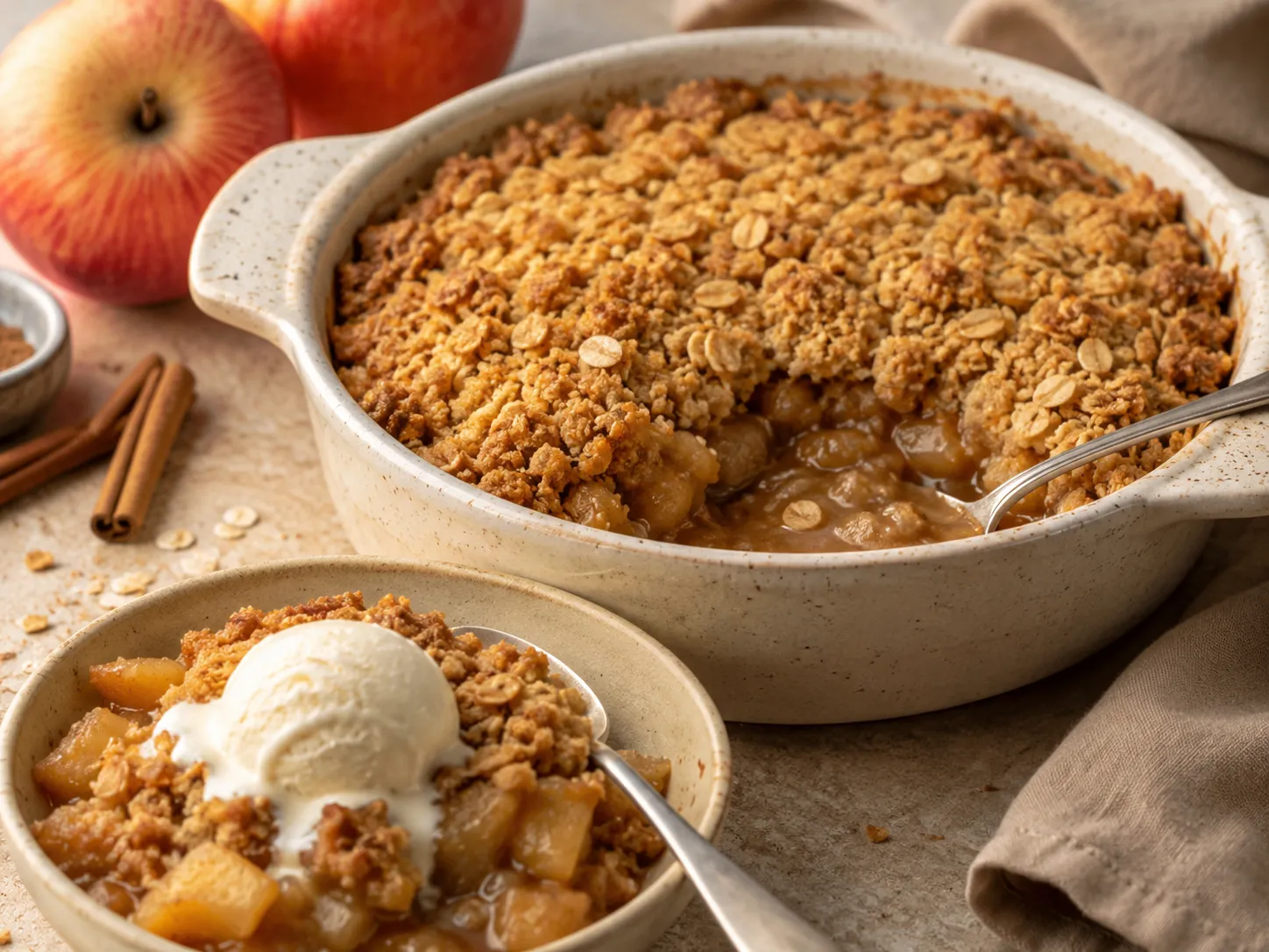 A dish of golden apple crisp with an oat crumble topping, served with vanilla ice cream