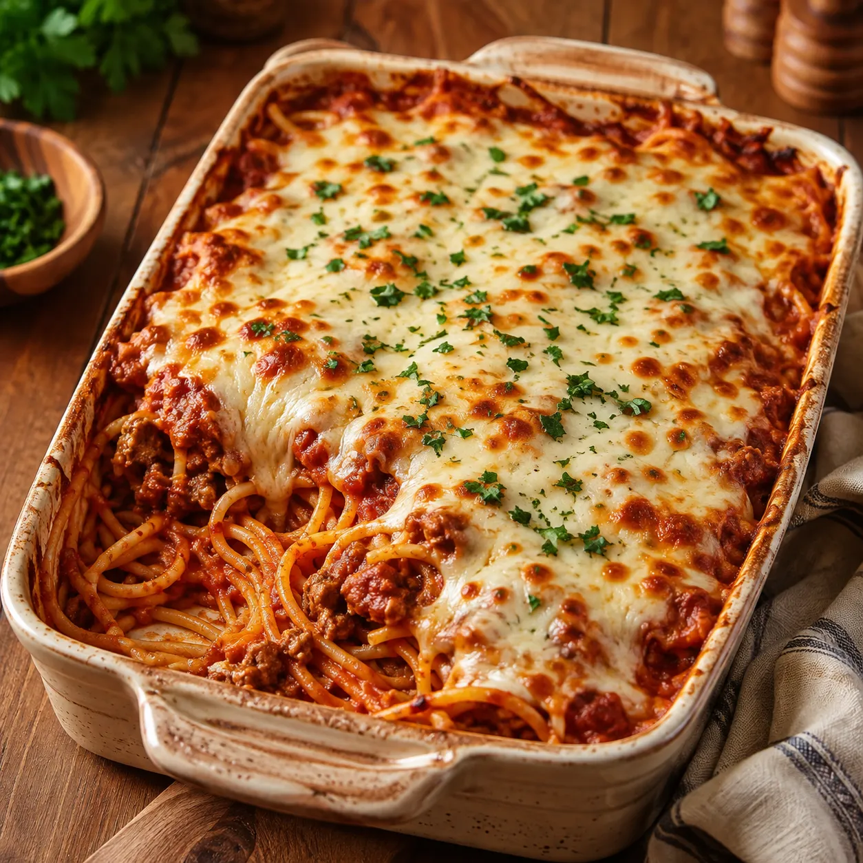A baking dish of baked spaghetti topped with melted golden mozzarella and parsley