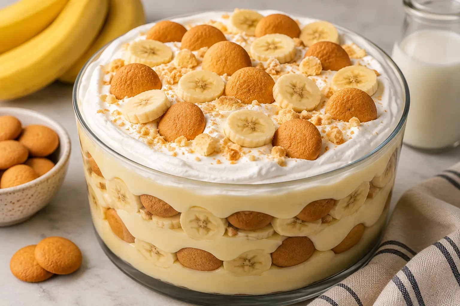A glass trifle dish of banana pudding layered with wafers and banana slices, topped with whipped cream