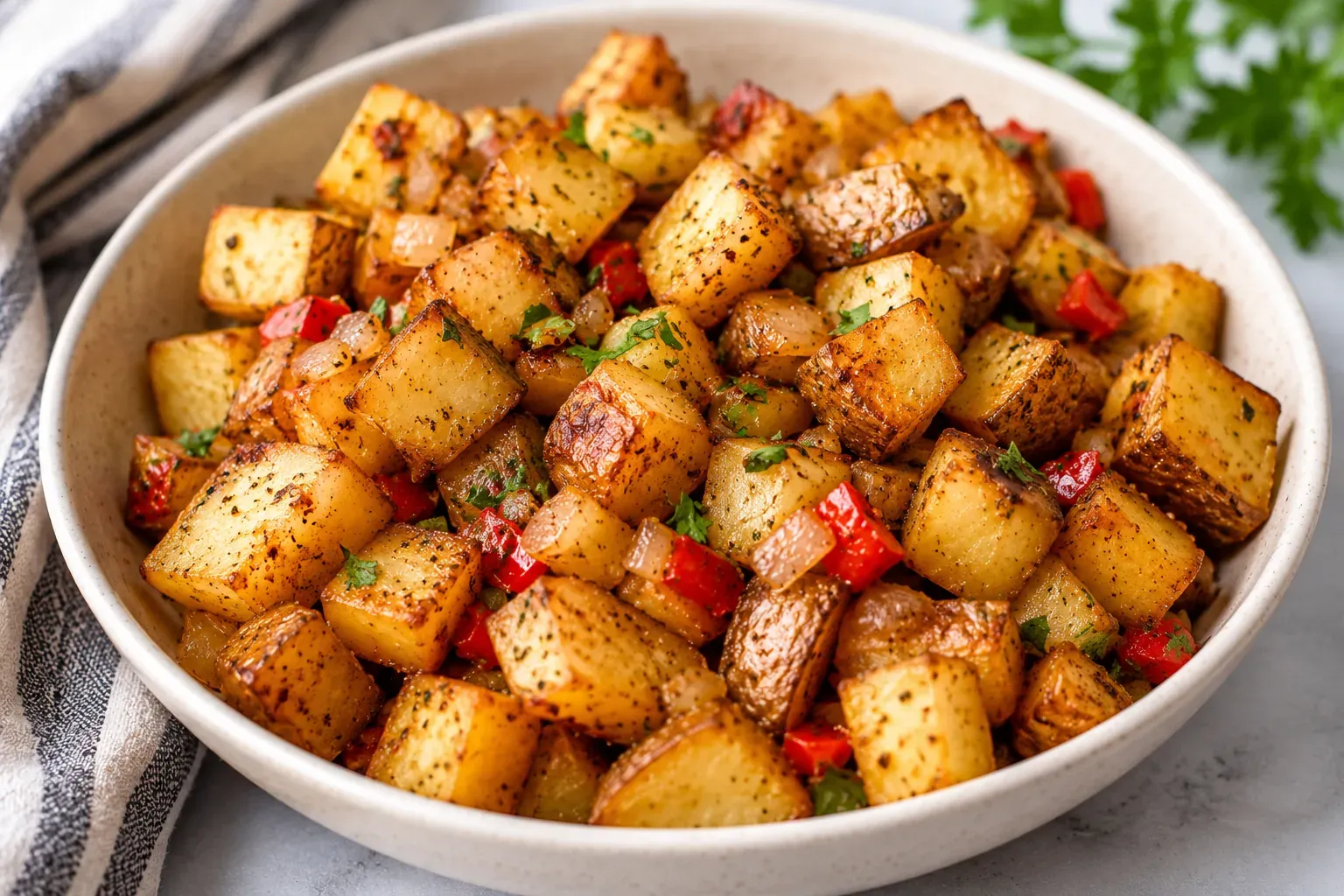 A bowl of crispy diced breakfast potatoes with red pepper, onion and parsley